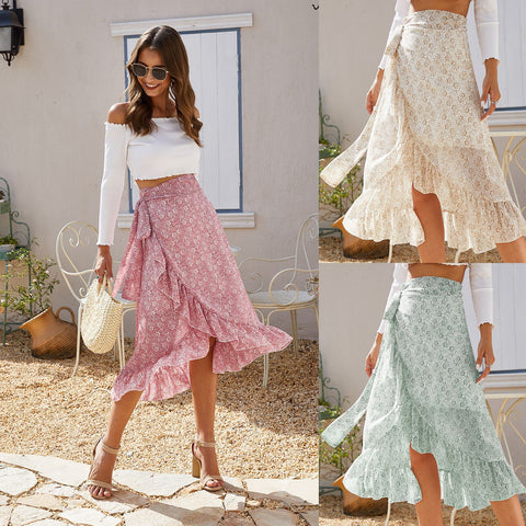 Woman Skirts High Waist Fashion Long Black Knotted Tied Wrap Floral Ruffle Chiffon A-Line Split Skirt Spring Summer Clothes