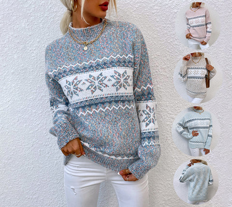 Half Turtleneck Snowflake Sweater Women