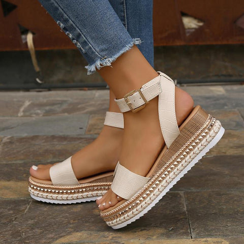 Summer Sandals Buckle Strap Hemp Wedges Platform Peep Toe Shoes Women