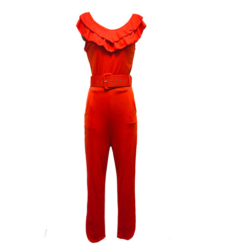 Summer Foreign Trade Hot Style Women's Jumpsuit With Belt Layered Frilly Skirt Leg High Waist Slim Cropped Trousers
