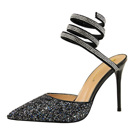 Sexy nightclub women's shoes with high-heeled shallow mouth pointed shiny sequined sandals