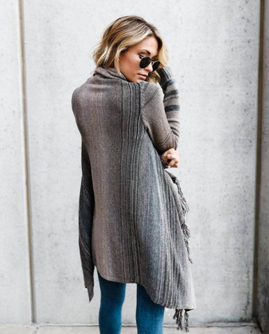 Autumn And Winter Medium Length Slim Fringe Striped Sweater Coat