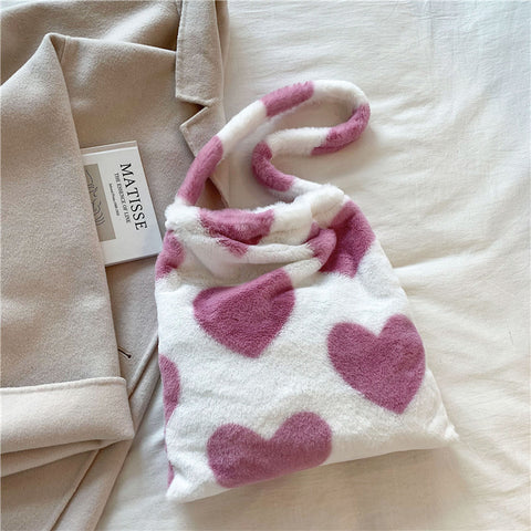 Love Heart Shoulder Bags Winter Plush Shopping Bags For Women