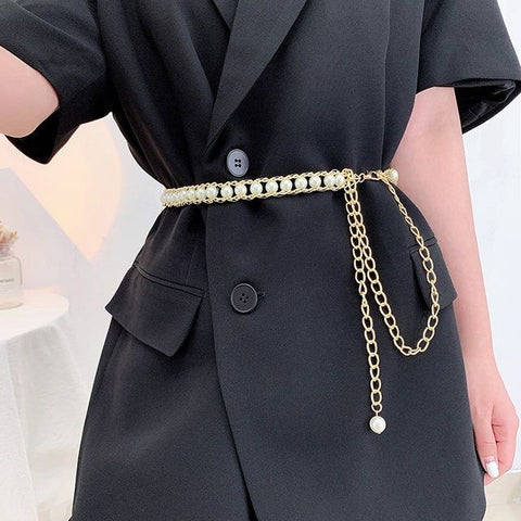 Fashionable And Elegant All-match Pearl Aluminum Chain Summer Dress With Belt Ladies