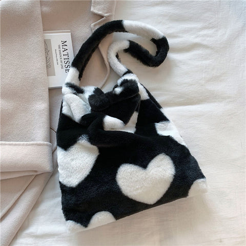 Love Heart Shoulder Bags Winter Plush Shopping Bags For Women